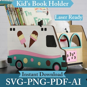 Fichier de découpe SVG organisateur de livre pour enfants thème crème glacée livre présentoir rangement pour chambre d'enfant bricolage coin lecture chambre bambin modèle numérique