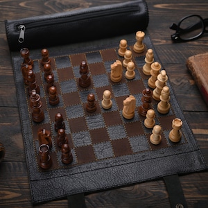 Handmade Chess Set, Vintage Chess, Travel Chess Set, Chess Board, Leather Chess Roll - Portable Magnetic Travel Set