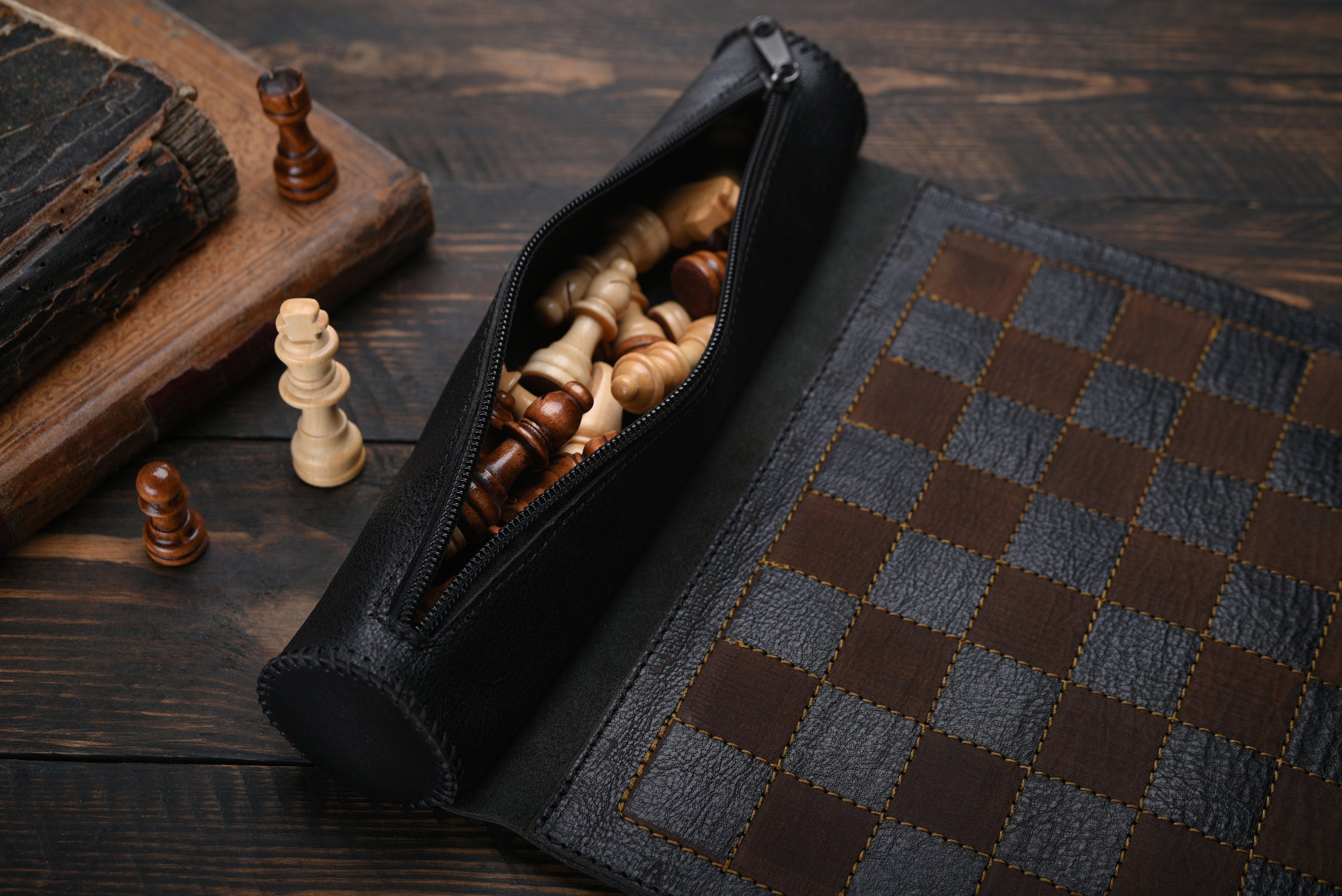 Rustic Chess Roll Luxury Leather Chess Roll - Handmade Portable Chess Set - Travel ...