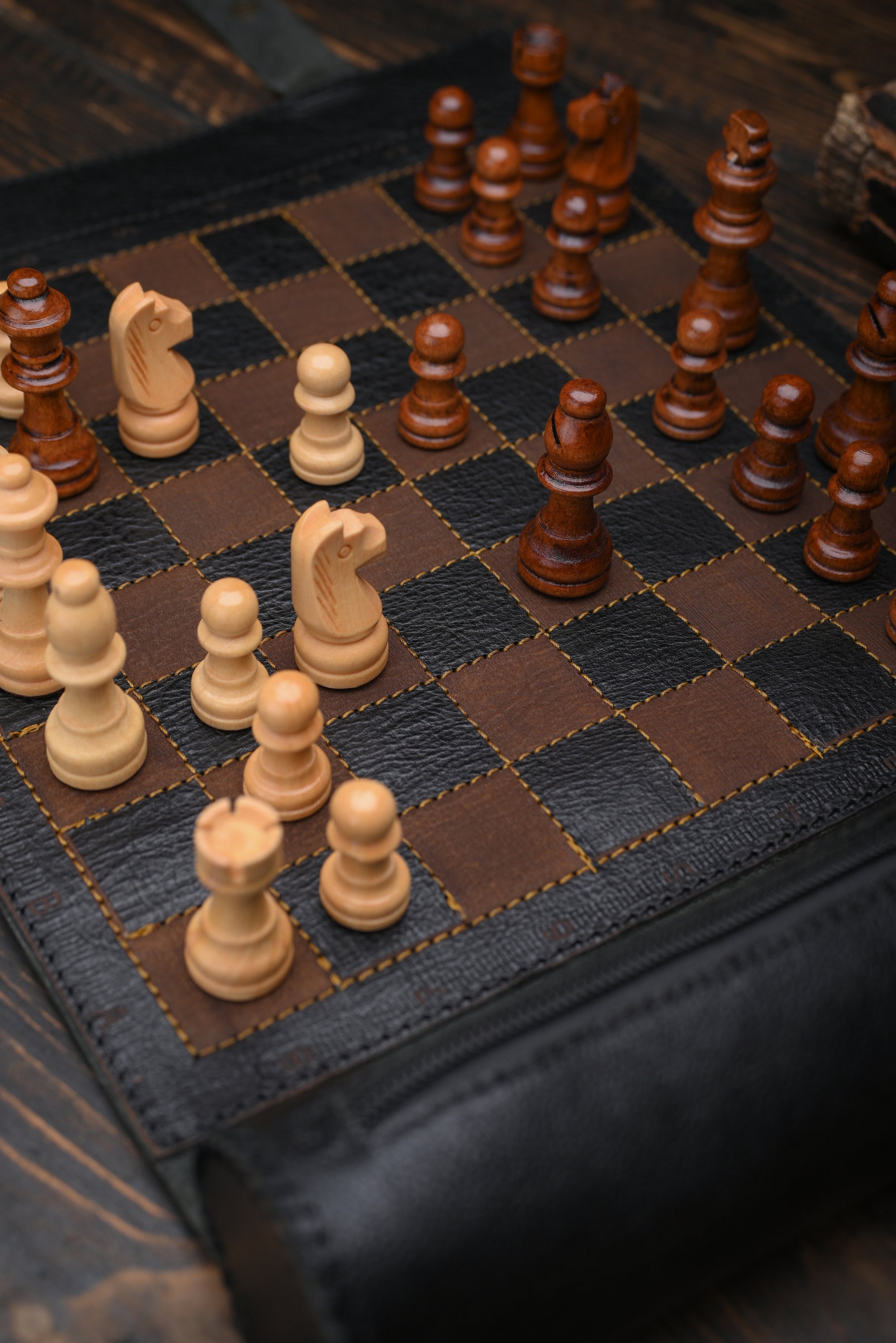 Roll-up Leather Chess Set, Magnetic chess board,  Engraving Option, Perfect for Travel and Gifts