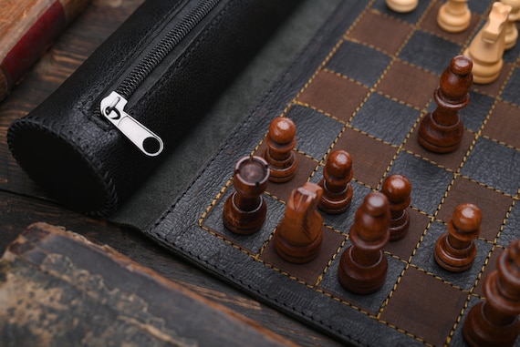 Roll-up Leather Chess Set, Magnetic chess board,  Engraving Option, Perfect for Travel and Gifts