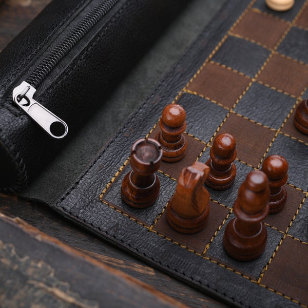 Roll-up Leather Chess Set, Magnetic chess board,  Engraving Option, Perfect for Travel and Gifts