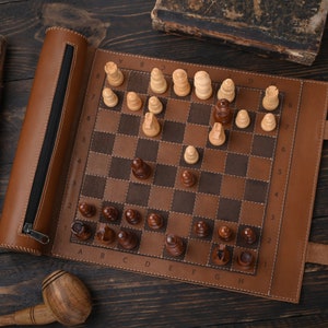 Genuine Leather Chess Roll - Compact Travel Chess Set - Perfect for On-the-Go Chess Lovers