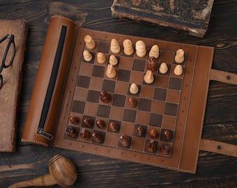 Genuine Leather Chess Roll - Compact Travel Chess Set - Perfect for On-the-Go Chess Lovers