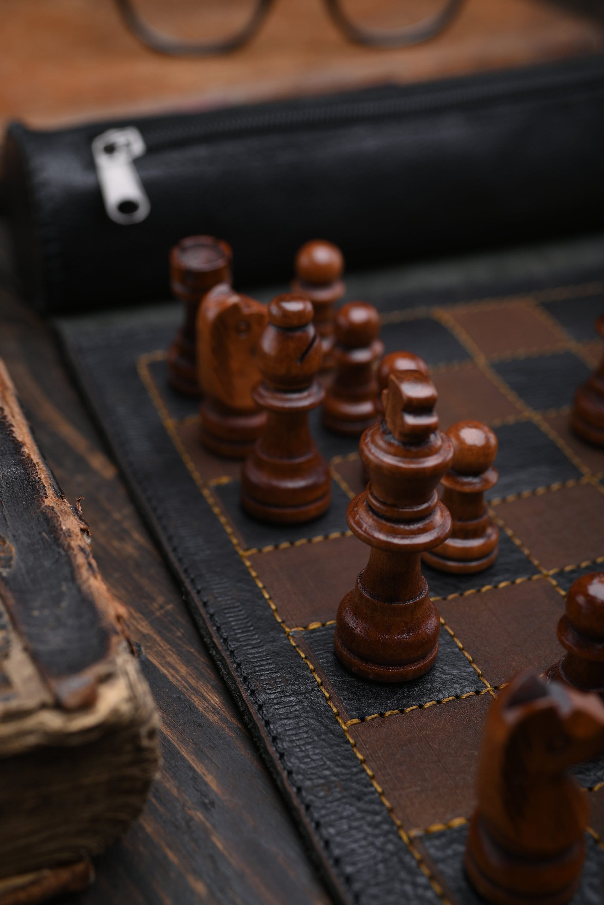 Roll-up Leather Chess Set, Magnetic chess board,  Engraving Option, Perfect for Travel and Gifts