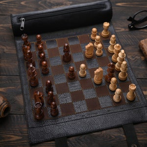 Premium Leather Chess Roll - Portable Chess Set with Genuine Leather, Magnetic chess board, Perfect for Travel and Gifts