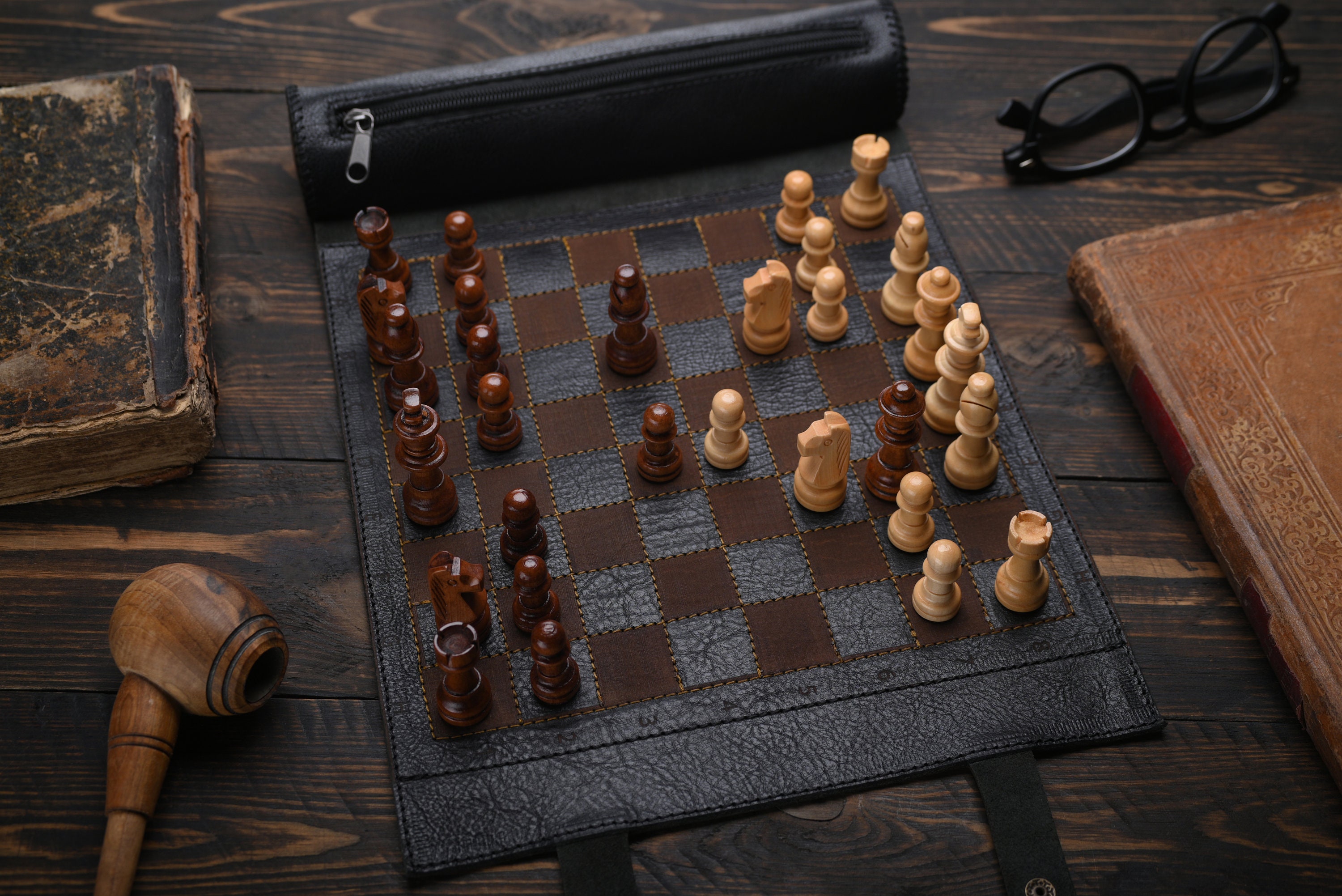 Roll-up Leather Chess Set, Magnetic chess board,  Engraving Option, Perfect for Travel and Gifts