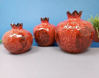 Handmade Pomegranate Vase Set of 3, Ceramic Ornament, Home Decor, Turkish Vases, Table Decoration, Art Three Vase, Red, Blue, Yellow, Orange