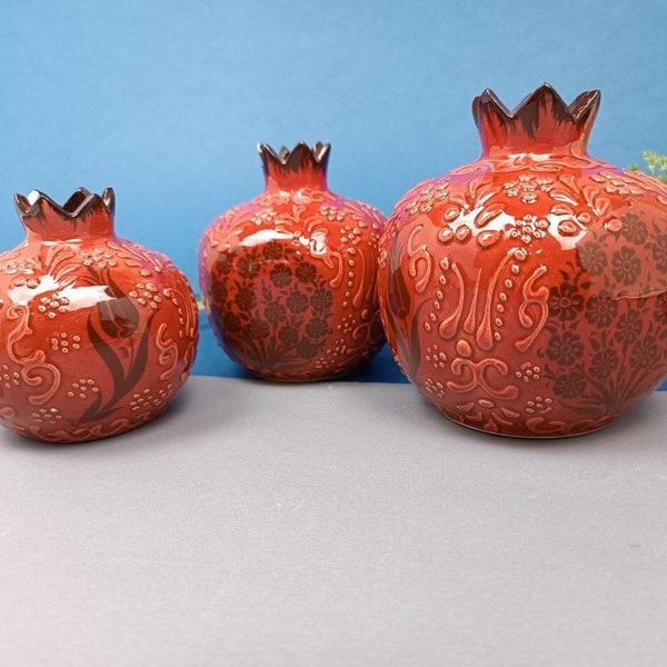 Handmade Pomegranate Vase Set of 3, Ceramic Ornament, Home Decor, Turkish Vases, Table Decoration, Art Three Vase, Red, Blue, Yellow, Orange