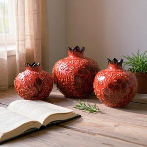 Handmade Pomegranate Vase Set of 3 | Ceramic Christmas Gift |  Gift For Her | Home Decor | Turkish Vases | Table Decoration | Art Three Vase