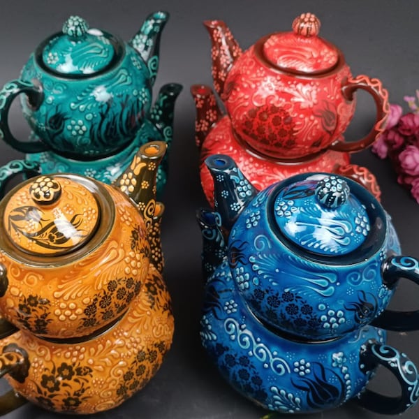 Handgemachte türkische Keramik Teekanne -Set mit 2 Teekannen mit Deckel, Teeset und Geschirr, Geschenk für Teeliebhaber, Antikes Design mit modernem Touch