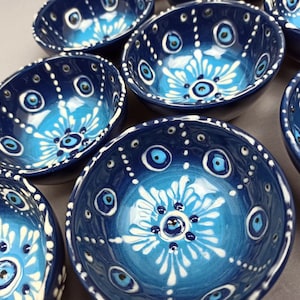 Handmade Turkish Ceramic Tiny Bowls: Evil Eye Daisy Serveware, Set of 7