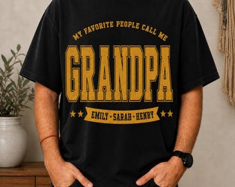 Custom Grandpa Shirt with Grandkids Names, Retro Varsity Style Grandfather Gift Tee, Personalized Gold College Font Grandpa Gift