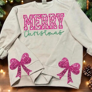 Trending Embroidery Pinky Merry Bright Christmas Bow, Merry Xmas Bow, Embroidered Side Bow, Split Design, Gift for Christmas, ClaimingSpace