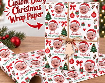 Personalized Baby Girls Photo Wrapping: Custom Baby 1st Christmas Wrap Paper