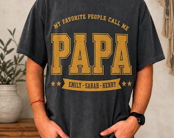 Varsity Style Papa Shirt with Kids Names, Retro College Papa Tee Custom Children Names, Vintage Gold Fathers Day Gift