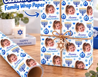 Personalized Hanukkah Wrapping Paper, Custom Kids Photo & Name Gift Wrap
