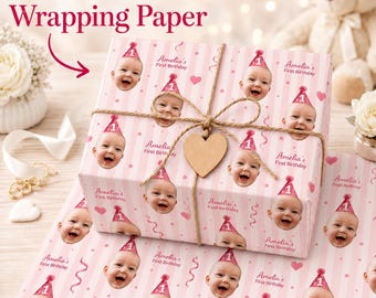 Personalized Baby Pink Girls Wrapping: Custom Photo First Birthday Gift Wrap