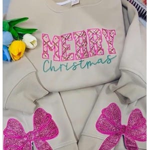 Trending Embroidery Pinky Merry Bright Christmas Bow, Merry Xmas Bow, Embroidered Side Bow, Split Design, Gift for Christmas, ClaimingSpace