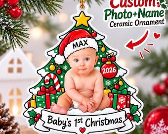Personalized New Baby Photo with Name 1st Christmas Gift Ceramic Ornament