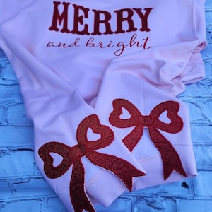 Merry and Bright Bow 2024 Trend Embroidery Christmas, Merry Xmas Bow, Embroidered Side Bow, Split Design, Gift for Christmas, ClaimingSpace