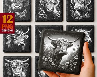 Highland Cow Floral PNG Set | Laser Engraving Slate Coasters (Digital Download)