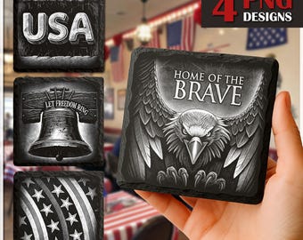 America PNG Slate Laser Burn Bundle, Engrave File, USA Flag Slate Coasters Files PNG Engraving, patriotic png, Glowforge, Independence Day