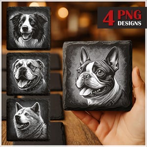 Dog PNG Slate Laser Burn Bundle, Engrave File, Slate Coasters Files PNG for Engraving, Commercial download, Glowforge, Dog Digital File