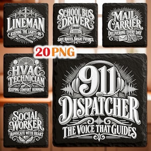 Puede incluir: Una colección de seis posavasos cuadrados de pizarra negra con ilustraciones gráficas blancas y texto para varias profesiones incluyendo Lineman, School Bus Driver, Mail Carrier, HVAC Technician, Social Worker y 911 Dispatcher, con 20 PNG de texto.