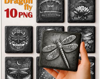 Dragonfly Laser Engraving PNG Files: Slate Coaster Design (Digital Download)