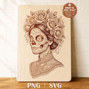 Op de afbeelding: Een bruine lijntekening op een lichte houten achtergrond met een persoon met een suikerschedel-gezichtsontwerp, een kroon van rozen en een kanten kraag. De tekst luidt DIGITAL FILE ONLY NO PHYSICAL ITEM WILL BE SHIPPED, DASHA B. ART, PNG, SVG.