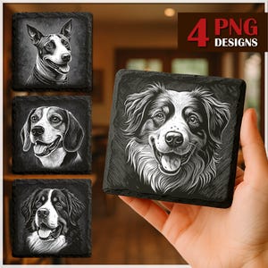 Dog PNG Slate Laser Burn Bundle, Engrave File, Slate Coasters Files PNG for Engraving, Commercial download, Glowforge, xTool Digital File