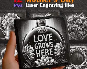 Muttertagsgarten zum Lasergravieren | Frühling Blumen Vogelhaus PNG für Schiefer Untersetzer | Kommerzieller Download | Glowforge, xtool Einsatz