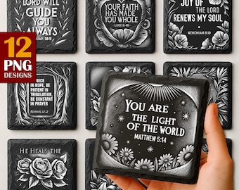 Grabado láser de versículos bíblicos / Citas cristianas para grabado láser / Posavasos de pizarra PNG con temática de fe / Descarga comercial / Glowforge