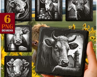 Highland Cow Engraving PNG Bundle: Rustic Farmhouse Coaster Designs (Digital Download)