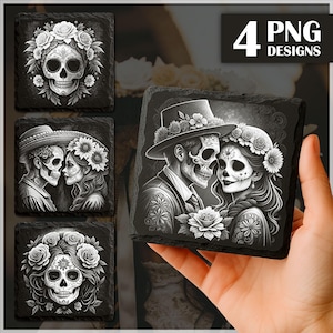 May include: Four black and white PNG designs featuring Day of the Dead themed art. The designs include skull illustrations with floral elements and couples in traditional attire. One design is held in a hand.