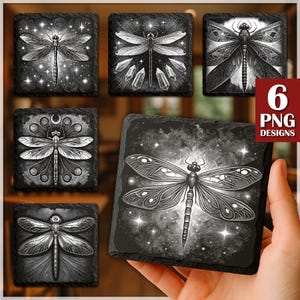 Gravure laser libellule mystique PNG | Lune, étoiles, symboles sacrés | Insecte spirituel pour ardoise| Dessous de verre Glowforge | Lime laser libellule