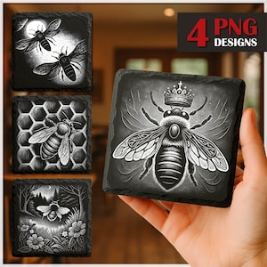 May include: Four black and white illustrations of bees on a slate background. The first image shows two bees flying in front of a moon. The second image shows a bee with a crown on its head. The third image shows a bee in a honeycomb. The fourth image shows a bee in a forest setting.