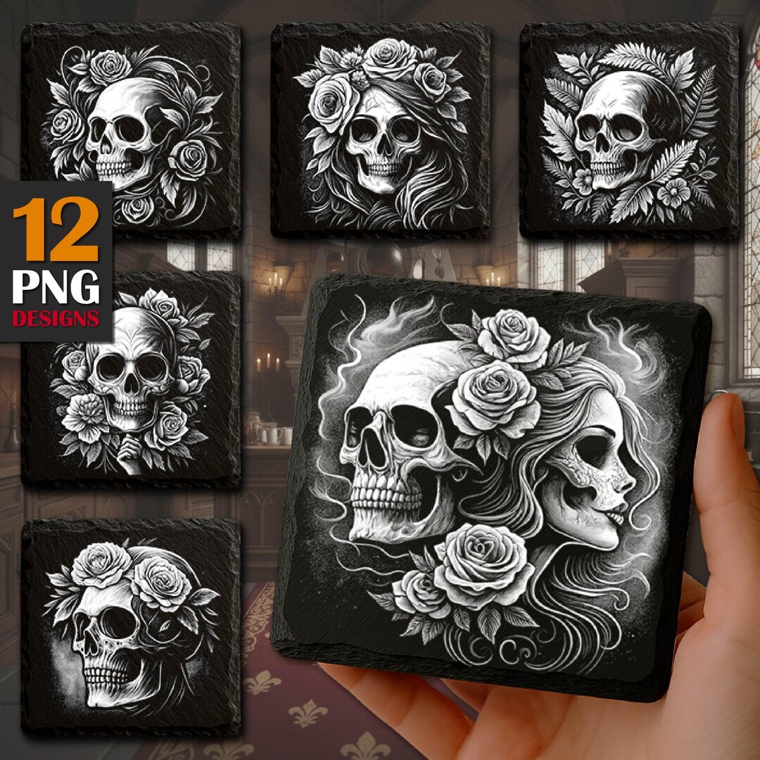 Floral Skull Laser Burn PNG, Gothic Botanical Engraving, Roses Vines ...