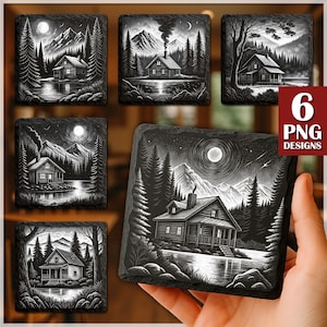 Rustic Cottage Laser,  PNG Slate Laser Burn, Engrave File, Lake Mountain Slate Coasters Files PNG Engraving, Rustic Cabin lake, Glowforge