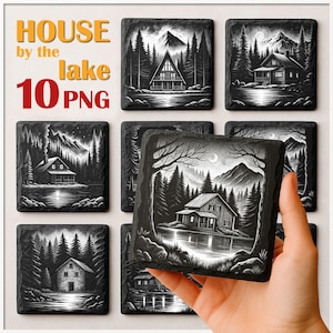Rustic Cottage Laser, PNG Slate Laser Burn, Engrave File, Lake Mountain Slate Coasters Files PNG Engraving, Rustic Cabin lake, Glowforge