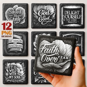 May include: A set of 12 square slate coasters with inspirational quotes and floral designs in white against a black background. The coasters feature phrases like "Saved By Grace" and "Faith Over Fear".