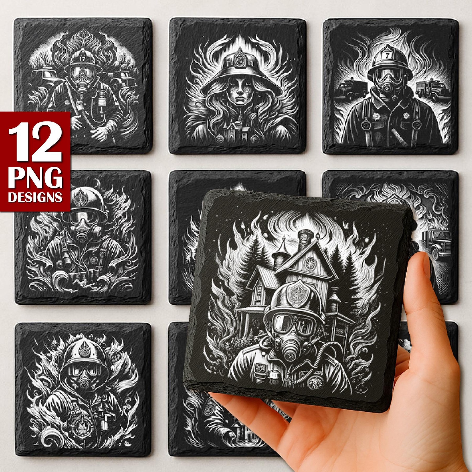 Firefighter Slate Coaster PNG Files: Laser Engrave Designs (digital ...