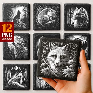 Forest Fox PNG Slate Laser Burn, Slate Coasters Files PNG for Engraving, Engrave File, Commercial download, Glowforge, Wildlife Digital File