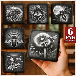 May include: Set of six square coasters with bee-themed designs in black and white. Each coaster features a different bee illustration, including bees on flowers, a bee with a crown, and a bee in front of a full moon.