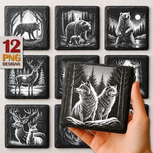 Woodland PNG Slate Laser Burn, Wildlife Engrave Files, Forest Slate Coaster Files PNG Engraving, Glowforge, Commercial download, Digital