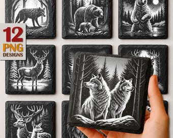 Woodland Wildlife Laser Engrave Files: Forest Slate Coaster PNG (Commercial Download)