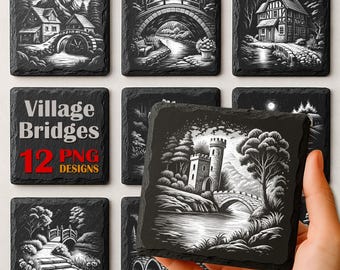 May include: A set of black slate coasters featuring white illustrations of village scenes, such as bridges, houses, and watermills. One coaster displays the text "Village Bridges 12 PNG Designs".