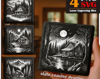 Rustic Cottage Laser, PNG Slate Laser Burn, Engrave File, Lake Mountain Slate Coasters Files PNG Engraving, Rustic Cabin Lake SVG, Glowforge