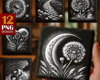 Löwenzahn Lasergravur PNG, botanische Designs für Schieferuntersetzer (digitaler Download)